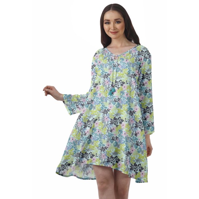 Moomaya Robe Évasée en Rayonne pour Femmes Manches Longues Imprimée Col en V Décontractée Robe de Plage pour Filles