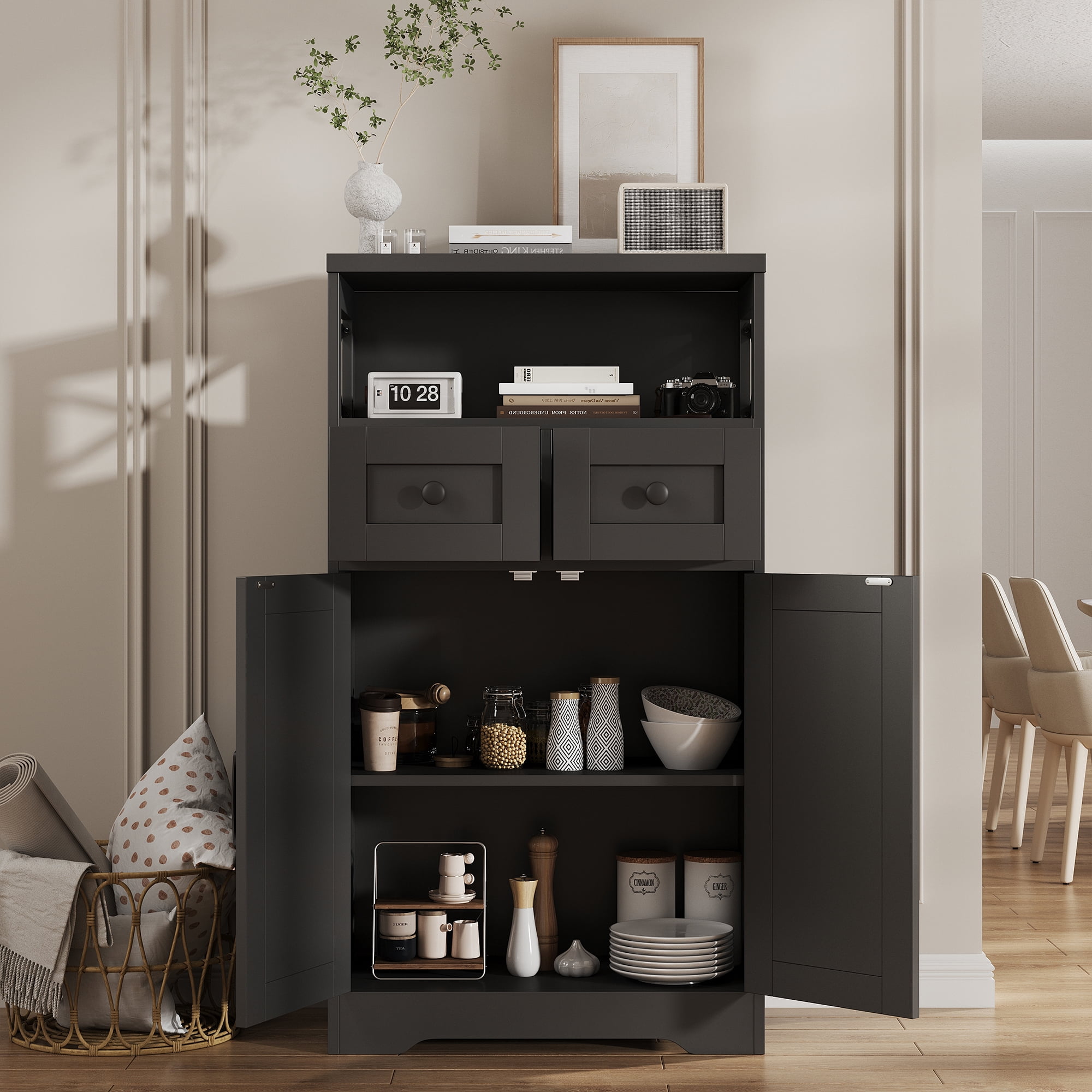 Black Storage Cabinet with Drawers and Shelves, Freestanding Black Kitchen Pantry Storage Cabinet, Floor Storage Cabinet Hutch Cupboard Black for Dining/Living Room/Home Office