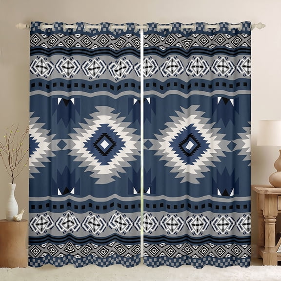 jejeloiu Rustic Western Aztec Black Out Curtains,Bohemian Geometric Pattern Curtains Pack of 2 (42x63 Each),Deepblue White Gray Bedroom Curtains For Kids,Luxury Bedroom Decor