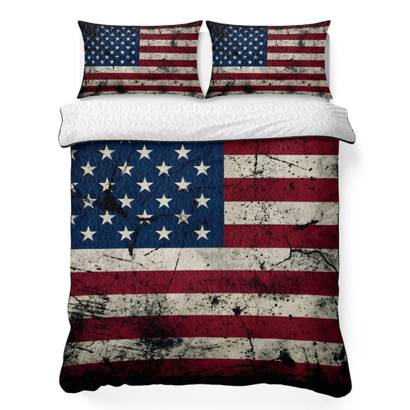 King Quilt Bedding Set Vintage American Flag Summer Quilt Lightweight Quilted Coverlet with 2 Pillow Shams, Shabby Red White Blue Stripe Star 3-Piece Bedspread Quilt Set for All Season