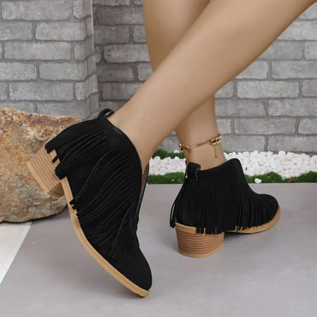 

Tawop Shoes Women Middle Heel Boot Zipper Combat Boot Pointed Toe Chunky Heel Non-Slip Boot Rubber Black 43(Us:9.5)