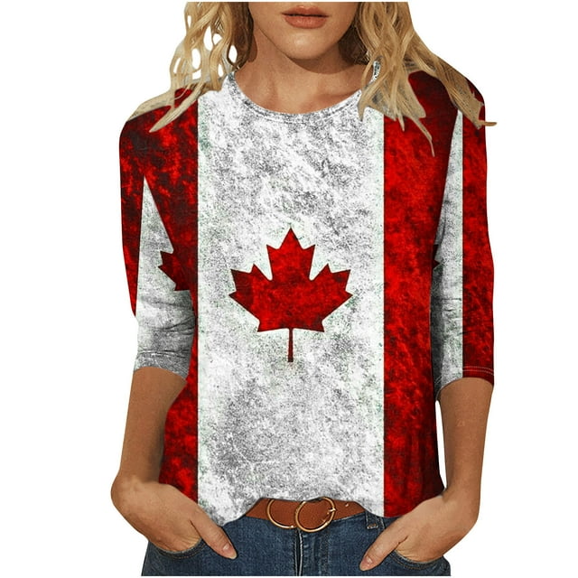 Mujeres 3/4 Manga Tops Y Blusas Canadá Impresión Cuello Redondo Suéter, Top de Moda Casual, Tops de Moda de las Mujeres