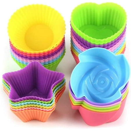 

GoXteam Silicone Cupcake Liners Reusable Baking Cups Nonstick Easy Clean Pastry Muffin Molds 4 Shapes Round Stars Heart Flowers 24 Pieces Colorful