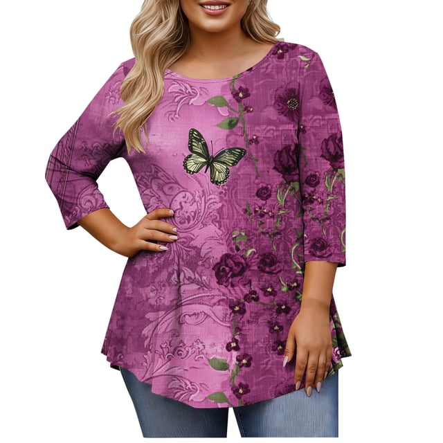 Débardeurs Amples Grande Taille pour Femmes, T-Shirt Décontracté Imprimé à Manches 3/4, Blouse à Col Rond pour Usage Quotidien Printemps & Été