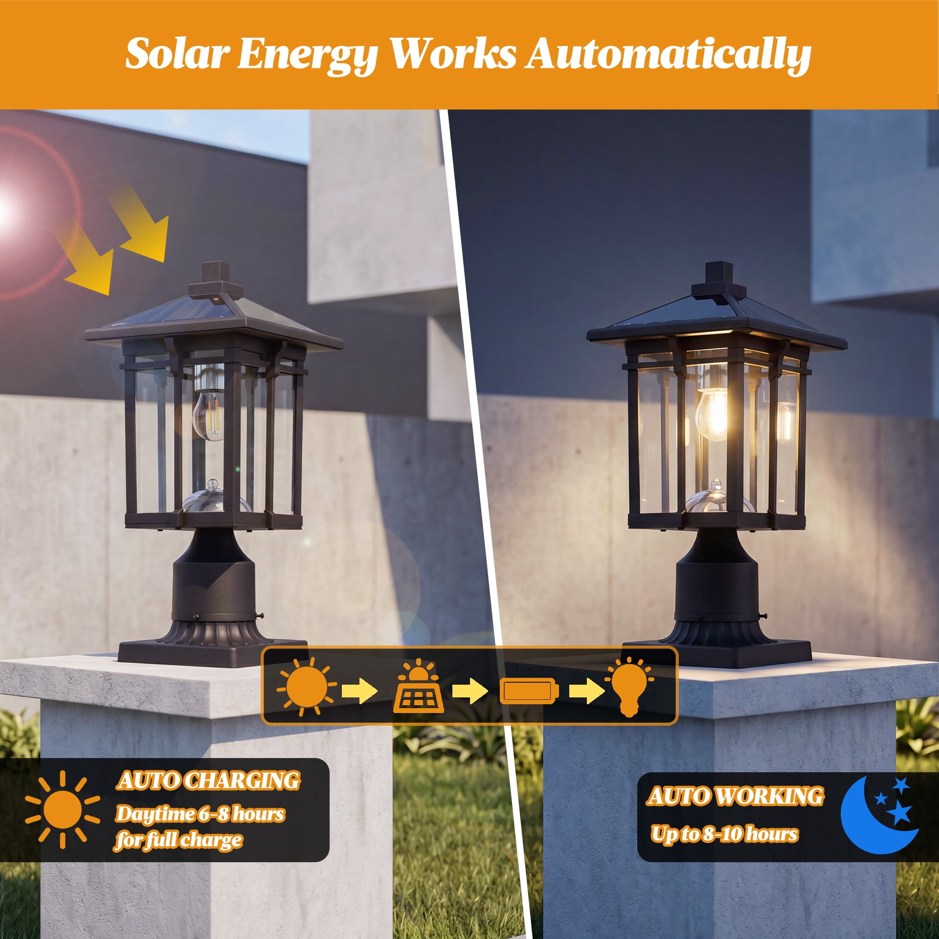 Solar Powered Post Light with Dusk to Dawn Sensor and Pier Mount Base, Outdoor Lamp for Garden and Pathway, Black