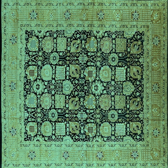 Ahgly Company Machine Washable Indoor Square Oriental Turquoise Blue Industrial Area Rugs, 6' Square