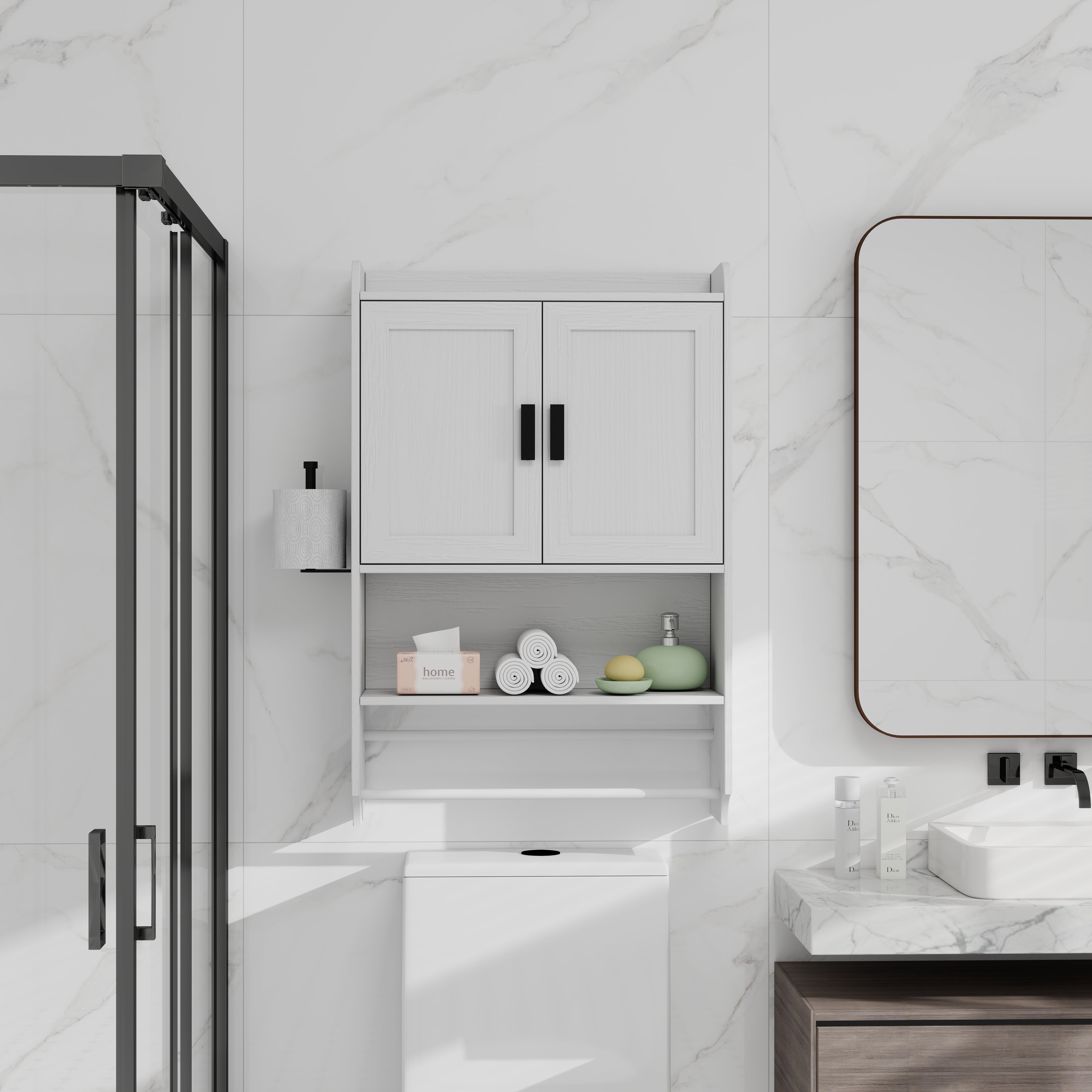 Bathroom 22" Wall Medicine Cabinet with Doors, Adjustable Shelf, Towel Bar and Paper Holder for Bathroom, Living Room, White
