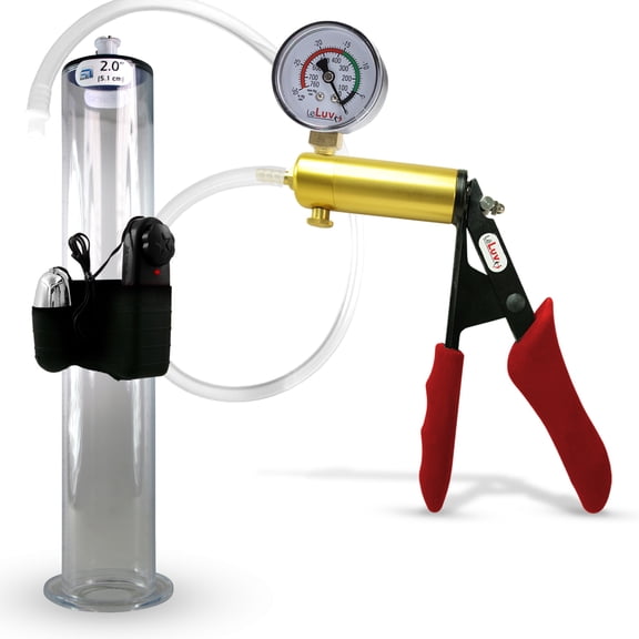 LeLuv Ultima Penis Pump, Brass w/ Red Handle, Silicone Grip, Clear Hose Gauge | 12" x 2.00" Vibrating Cylinder Wide Flange