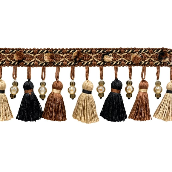 3" (7.5cm) Tassel Fringe Trim and Hanging Ball Bead with Fancy Pompom Header # BTFEL3,, Biscotti Brown #EL13 (Chocolate Brown, Pure Black, Light Beige) Sold By The Yard (36"/3 ft/0.9m)