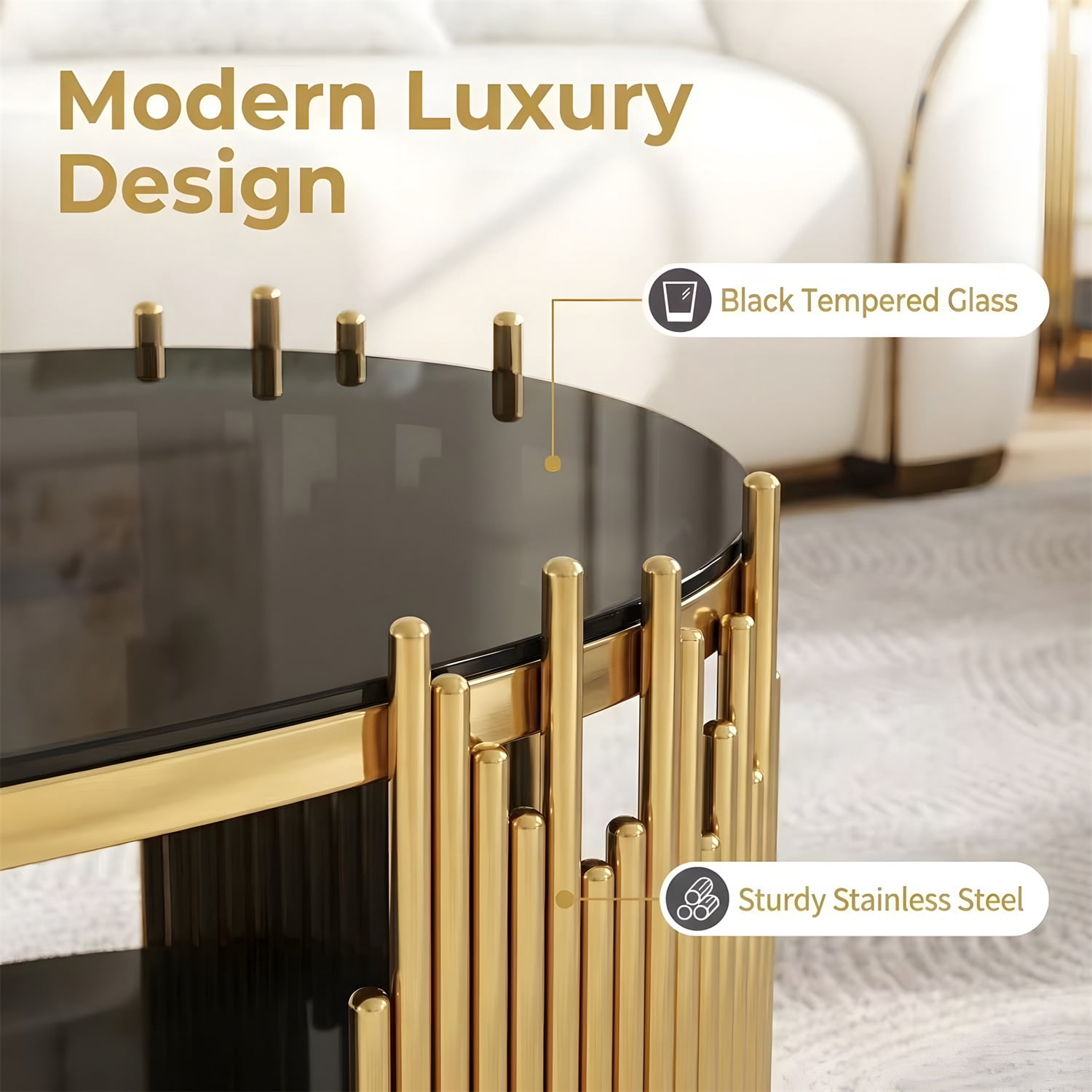 Hommoo Modern Oval Coffee Table with 2-Tier Tempered Glass Shelves, Stainless Steel Organ Pipe Base, Living Room Center Table, Black & Gold