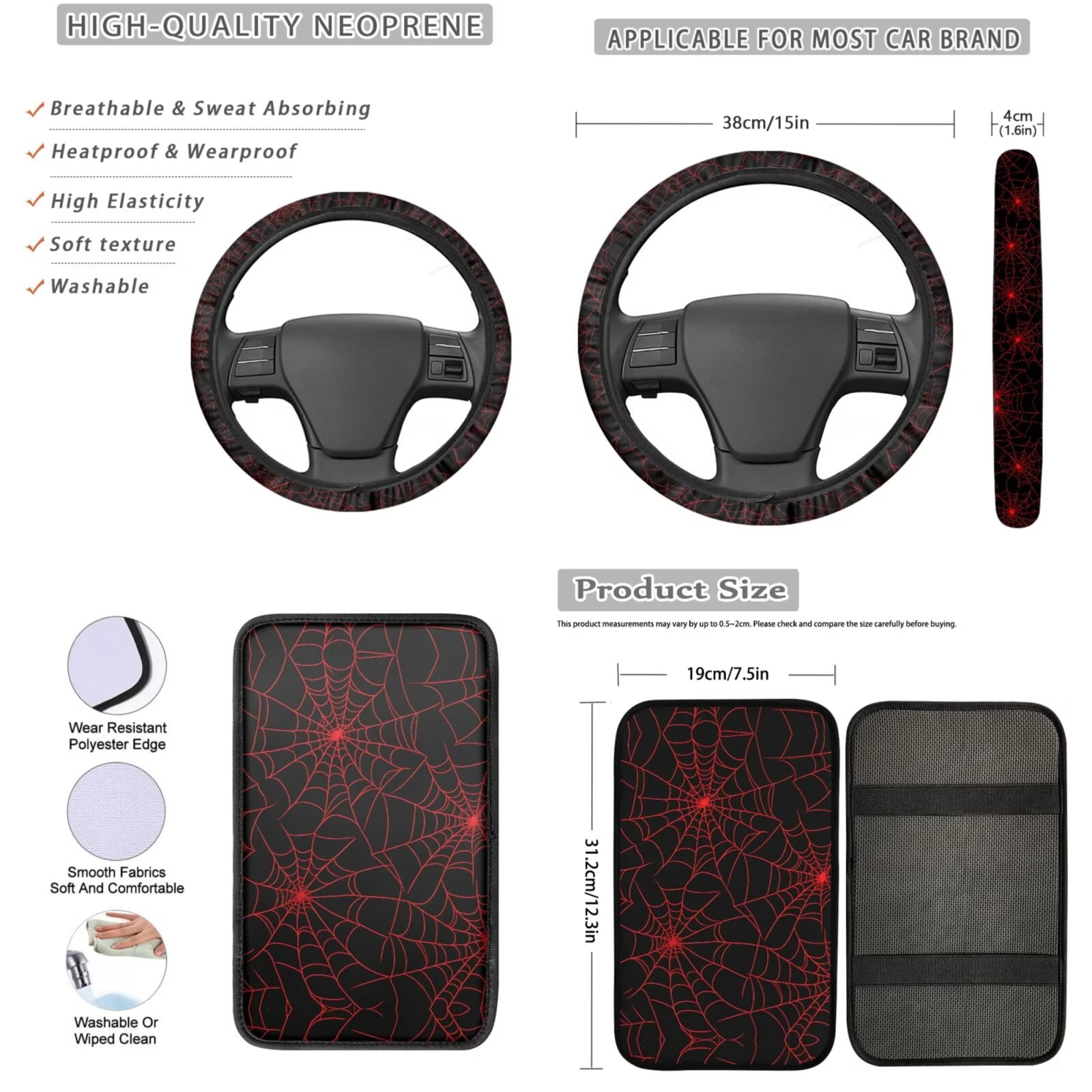 Garronmavis Red Spider Web Car Accessories Set of 13 Pieces Including Front and Rear Seat Covers Armrest Pad Steering Wheel Cover Seat Belt Cover Keychain Lipstick Cover Coasters
