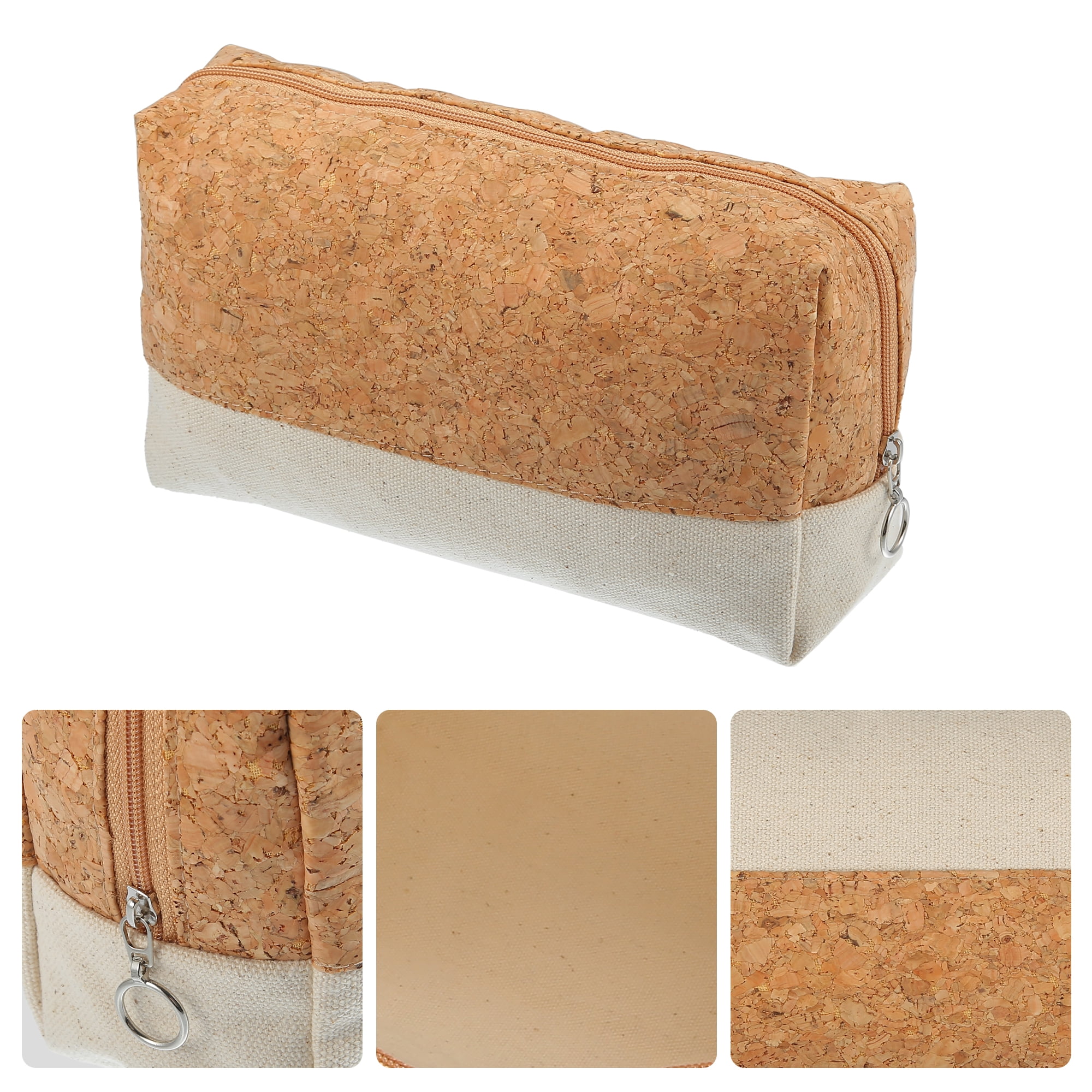 Unique Bargains Makeup Bag Toiletry Bag Wood Grain Pattern 7.80"x2.36"x5.51" Canvas Beige