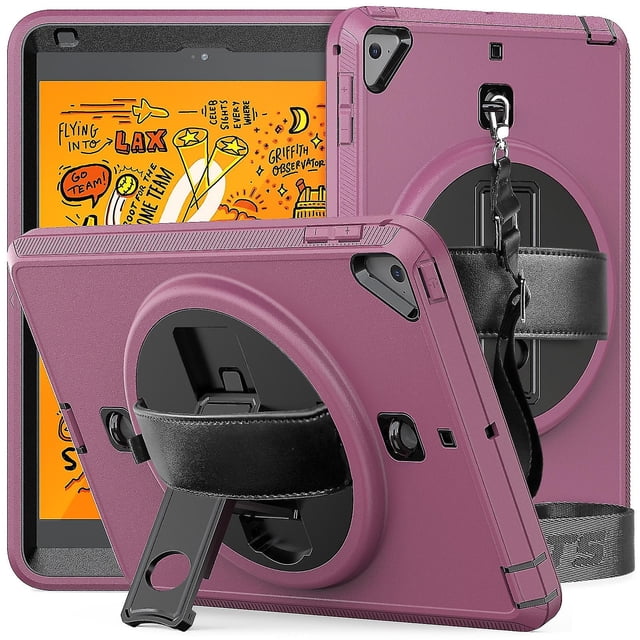Funda de TPU + PC a prueba de golpes para tableta con soporte, ranura para bolígrafo y correa para el hombro para iPad Mini 2019 / Mini 4 (rosa oscuro)