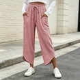 thumbnail image 2 of Women Striped Cropped Capri Pants Sevevn Drawstring Elastic Waist Irregular Hem Casual Trousers With Large Side Pockets, Multi‑Color Options For Summer Daily Wear, 2 of 6