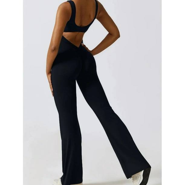 Body con espalda en V para mujer, trajes de Yoga para levantamiento de cadera, mono ajustado, pantalones acampanados de pierna ancha, trajes de mono de una pieza para gimnasio y Fitness