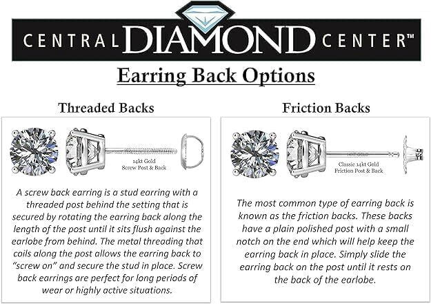 Central Diamond Center - 2ct total weight Moissanite Stud Earrings Sterling Silver with 14k gold post 6.5mm -Threaded-Platinum Plated