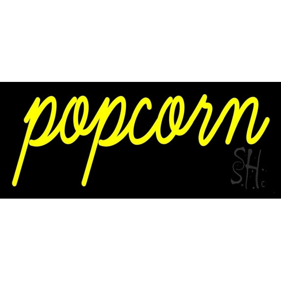 Yellow Cursive Popcorn LED Neon Sign 10" Tall x 24" Wide - inches Black Square Cut Acrylic Backing, with Dimmer - Premium built indoor Sign for Cinema, Storefront.
