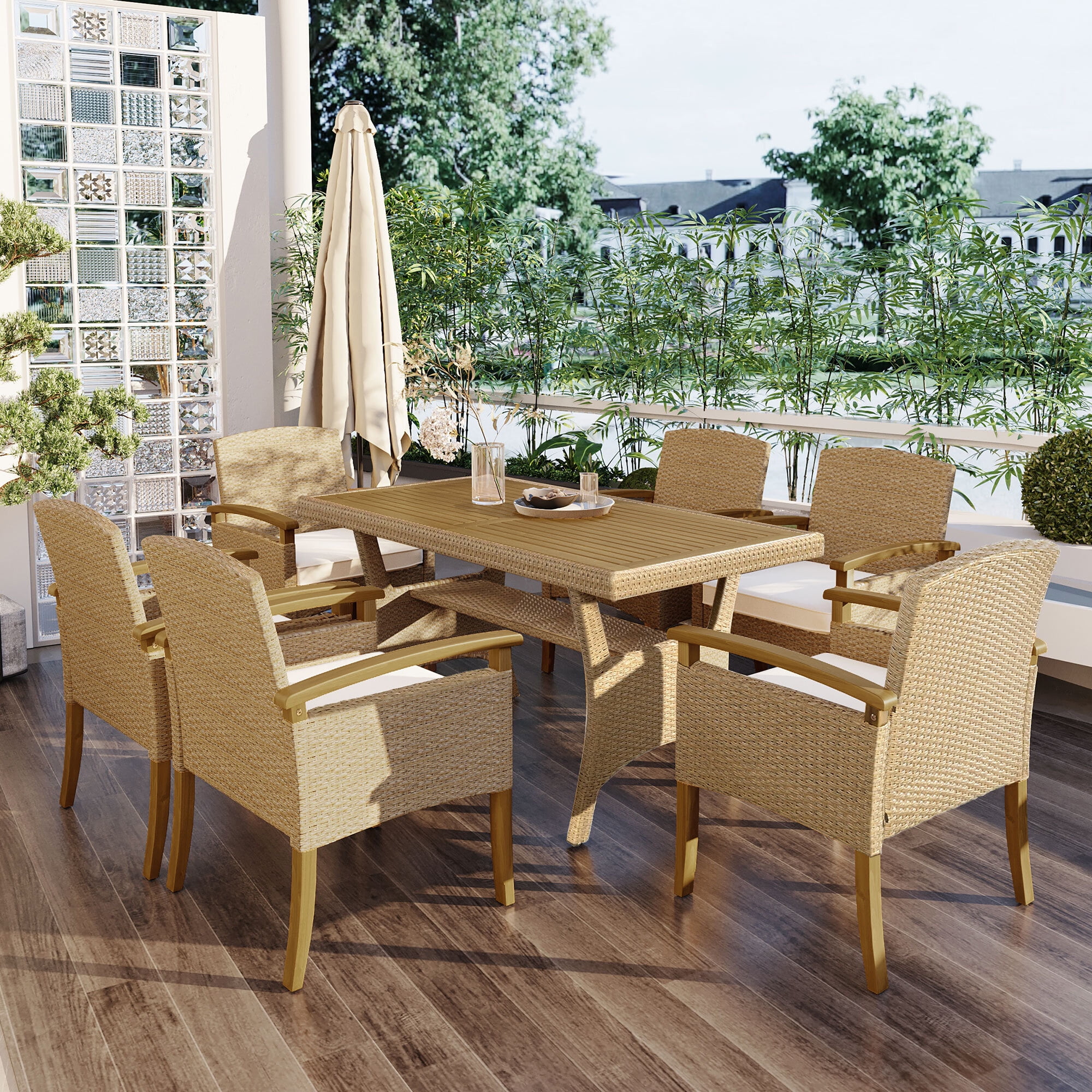 Euroco Patio 7-Piece Dining Table Set, Outdoor Rattan Dining Set for 6 ...