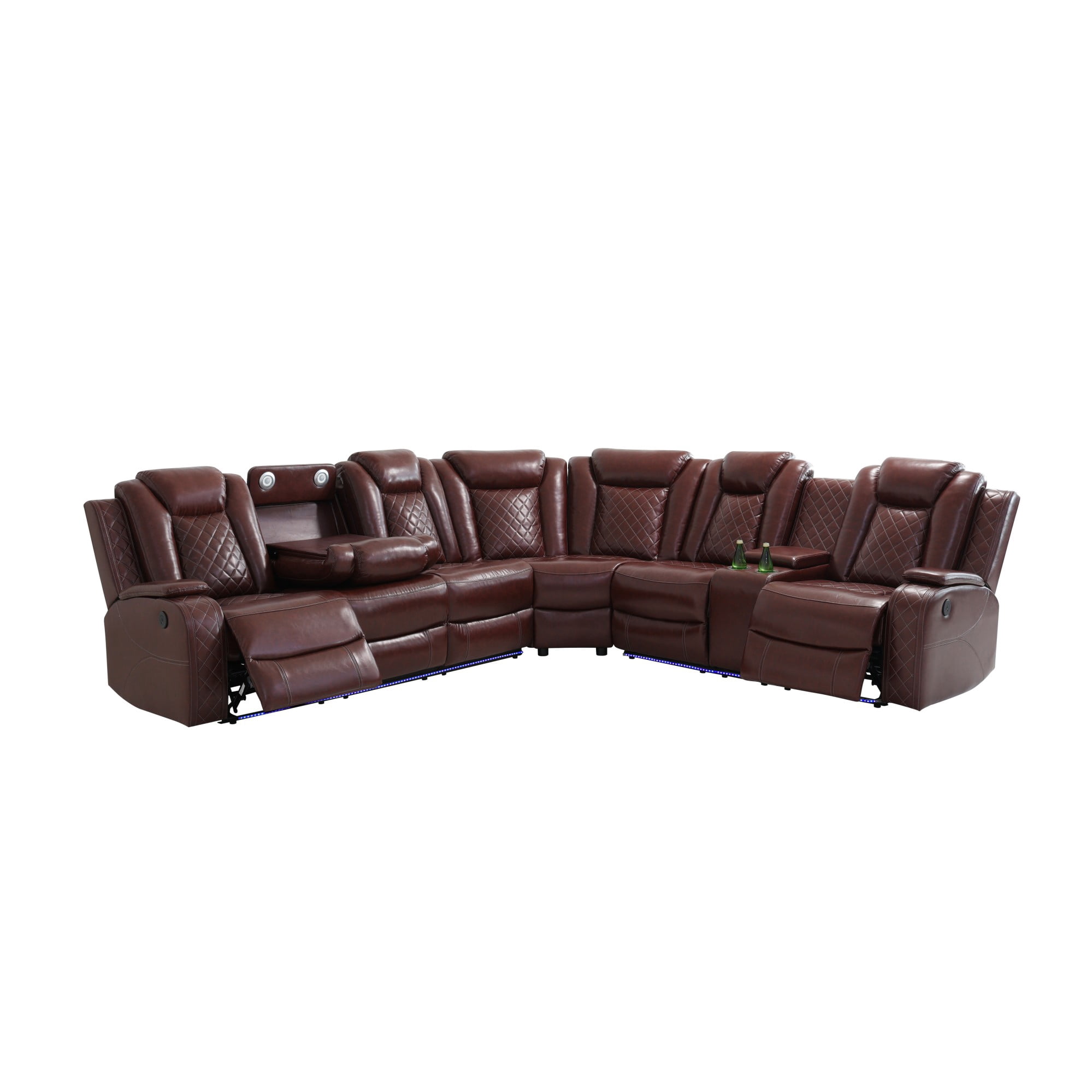 Gewnee Air Leather Power Recliner Sectional Sofa，L‑Shaped Recliner Couch with Cup Holders，Wireless Charging, LED Ambient Light, Console Storage，Home Theater Sofa for Living Room,Brown