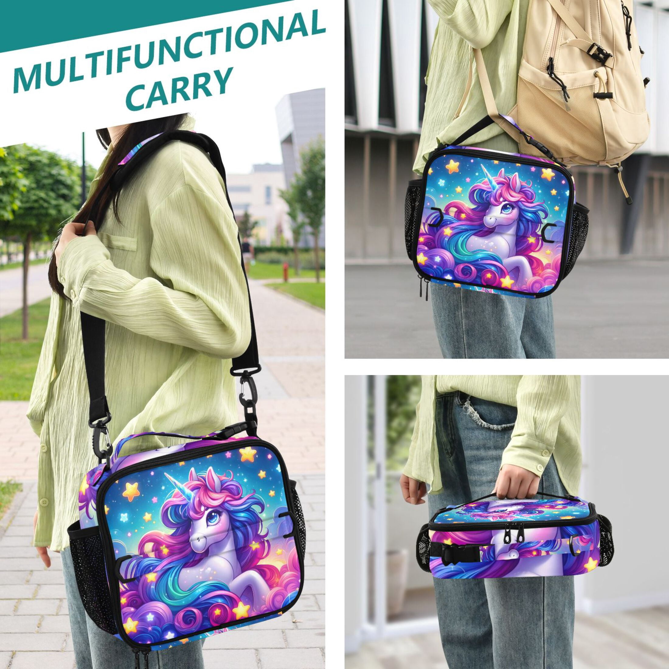 ALAZA Cartoon Unicorn Rainbow Stars Lunch Box Insulated Lunch Bag Cooler Tote with Shoulder Strap