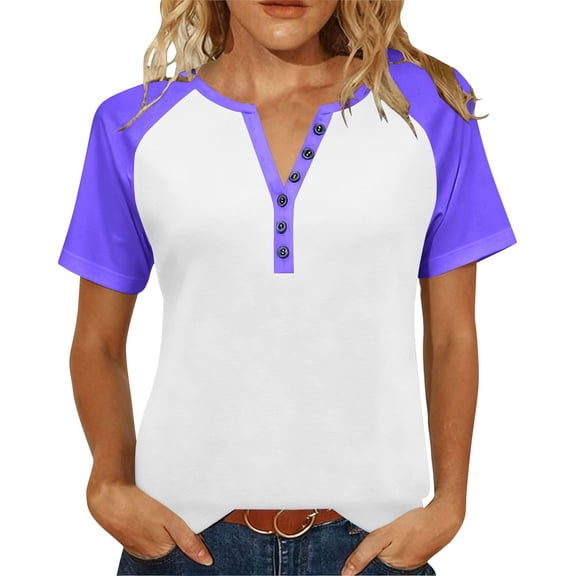 Fengactive Womens 3/4 Raglan Sleeve Shirts Button V Neck Tops Loose Casual Basic Tshirts Fashion Color Block Summer Tees