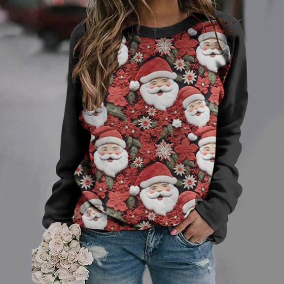 pimelu Christmas Sweatshirt Clearance Ugly Christmas Sweater Women Color Patchwork Cute Cartoon Santa Claus Graphics Sweatshirt Girls Crewneck Long Sleeve Pullover Tops