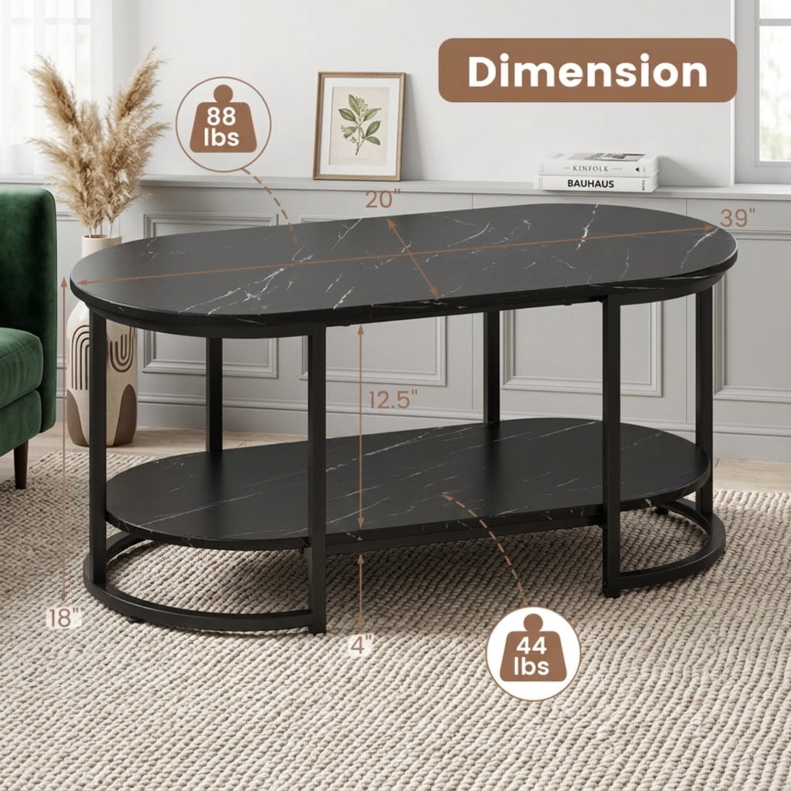 Furnibear 2-Tier Faux Marble Coffee Table with Open Storage Shelf and Powder-Coated Metal Frame for Living Room and Reception Room, Black