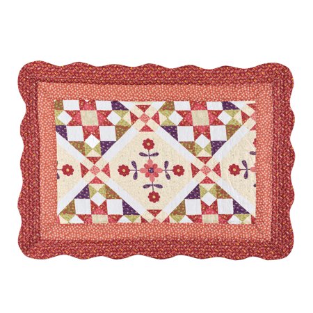 - Aubree Geometric Florals Pillow Sham with Light Diamond Patch Patterns, Quilted Stitching, Double Bordered Scalloped Edges, Red, Peach, Burgundy