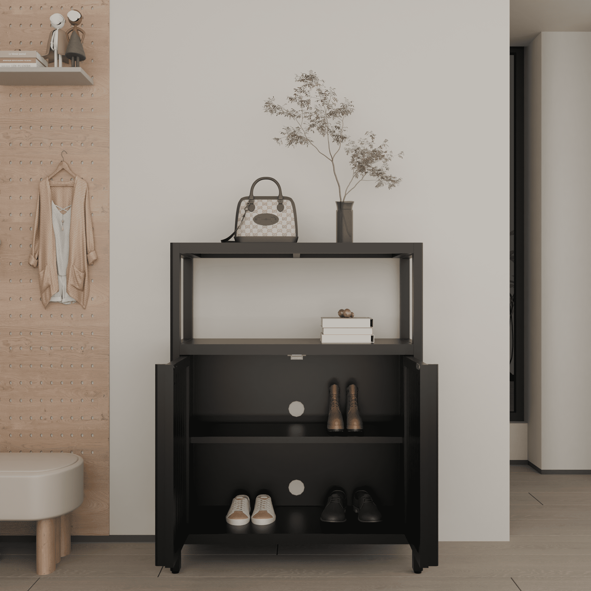 Leumius Black Bathroom Storage Cabinet,Bamboo Storage Cabinet with Doors for Bathroom Living Room
