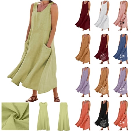 BiZtdJrK Women s Dresses Loose Sleeveless Summer Sundress Cute Floral Print Tank Dress with Pockets Vacation Beach Clothes Brown M