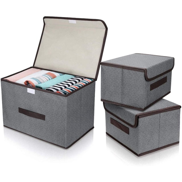 3 Pack Foldable Storage Boxes with Lids, Collapsible Storage Bin with Handle, Fabric Storage Basket Organiser Box for Wardrobe, Closet, Shelf, Office (Grey)