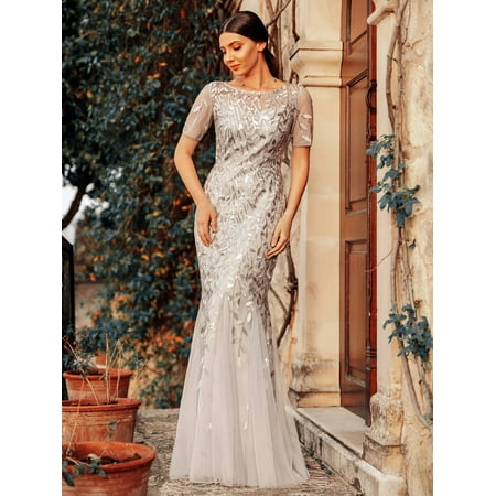 Ever-Pretty Womens Fitted Sequins Long Wedding Party Mother of the Groom Dresses for Women 07707 Silver (Best Neckline For Large Bust Wedding Dress)