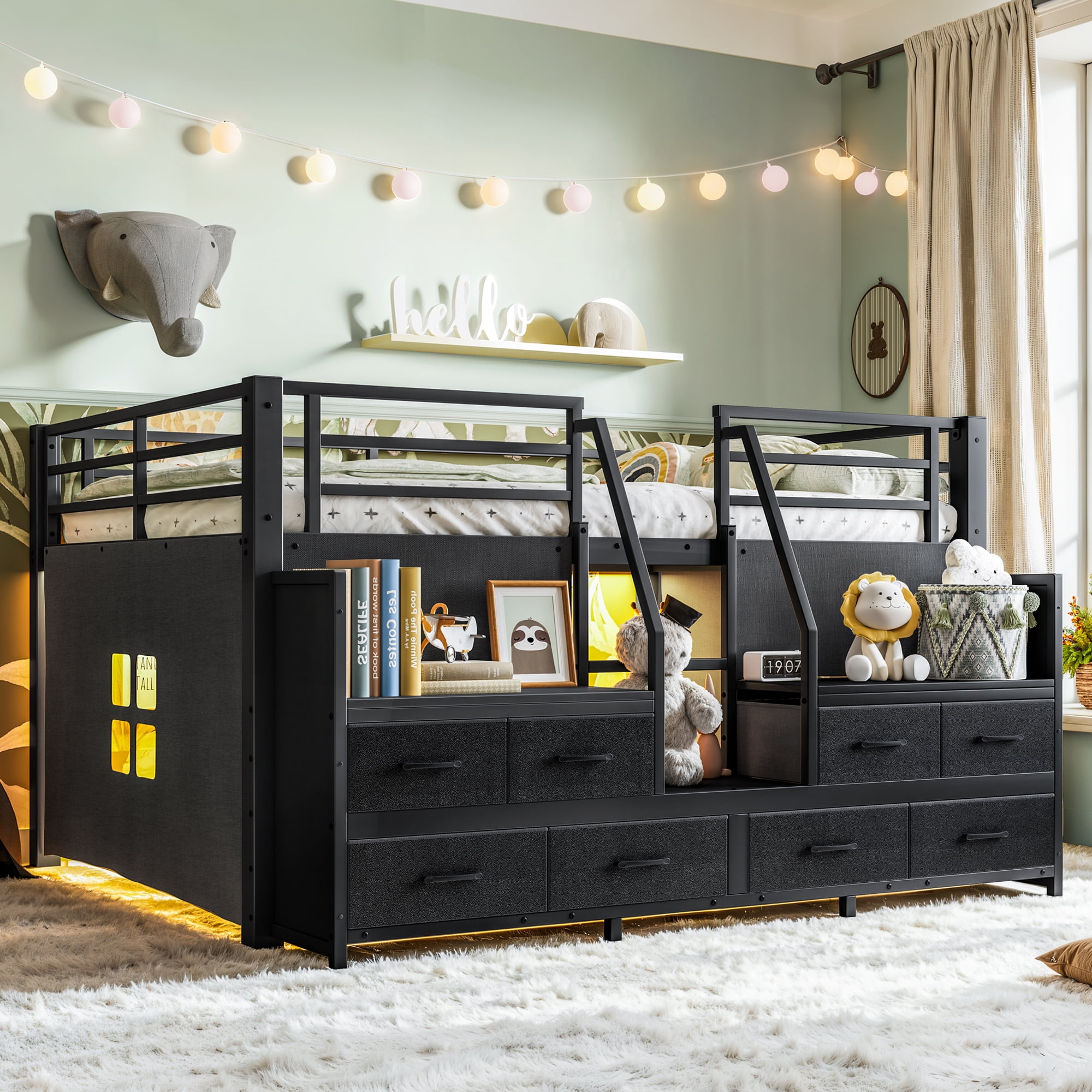 Leumius Full Size Loft Bed with Multi-storage Spaces,Metal Low Loft Bed with Storage Drawers, Shelves,LED Lights and Independent Spaces Under Bed,No Box Spring Needed,Black