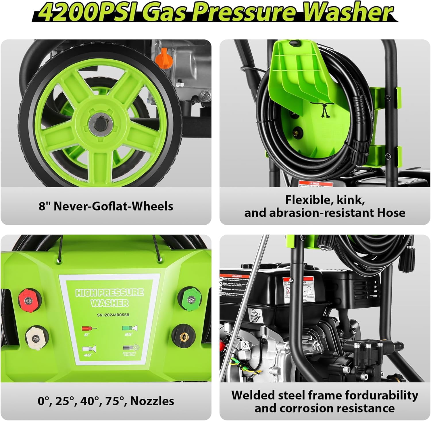 4200PSI Pressure Washer 4.0GPM Gas Power Washer 209CC Gas Powered Washing Machine Commercial High Pressure Washer with 25ft Hose&4 Nozzles for Patio Garden Yard Vehicle