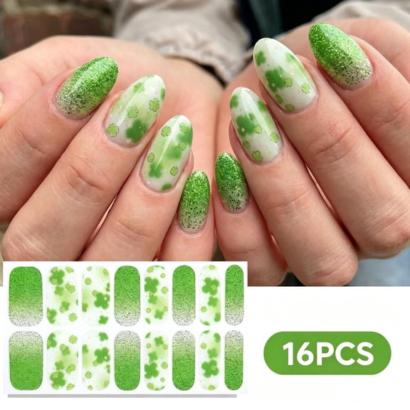 St. Patrick's Day Nail Wraps, Green Glitter Ombre with Shamrock Clover Print, Self-Adhesive Full Cover Nail Polish Strips, Long-Lasting Nail Stickers for Women Holiday Party & Daily Wear