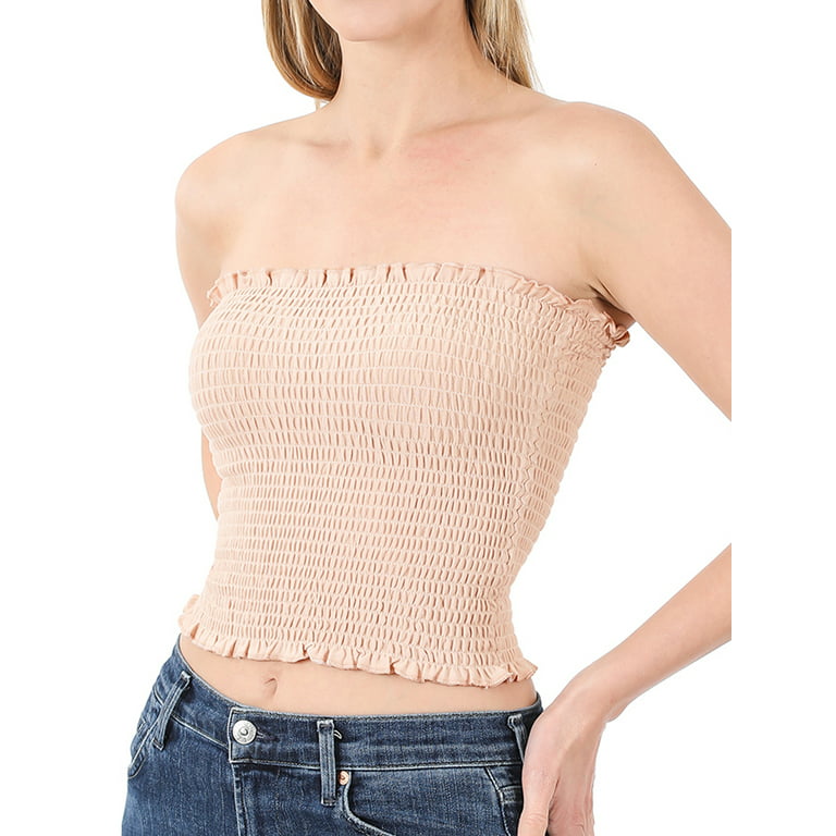 Zenana's Women Strapless Pleated Solid Colors Smocked Bandeau Sexy Tube  Crop Tops (TheLovely)