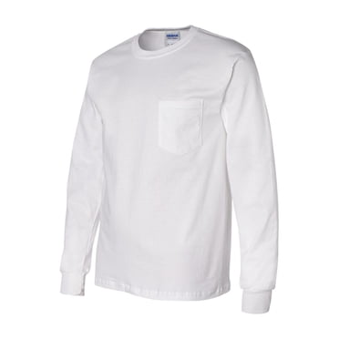 Gildan Men's Ultra Cotton Long Sleeve Pocket T-Shirt - Heavyweight 6.1 Oz Crewneck Tee, White, XXXX-Large