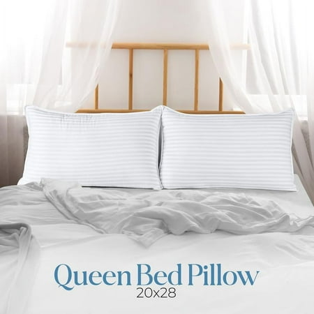 ?September Restock Sale?Utopia Premium Hotel Quality Striped Bed Pillows for Back Stomach & Side Sleepers - Polycotton Soft Breathable Covers, No-Shift Construction, White, Pack of 2 - Polyester