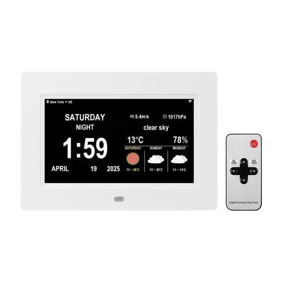7in WiFi Smart Digital Calendar Weather Clock, Music SD Desk Wall Mount - WHITE