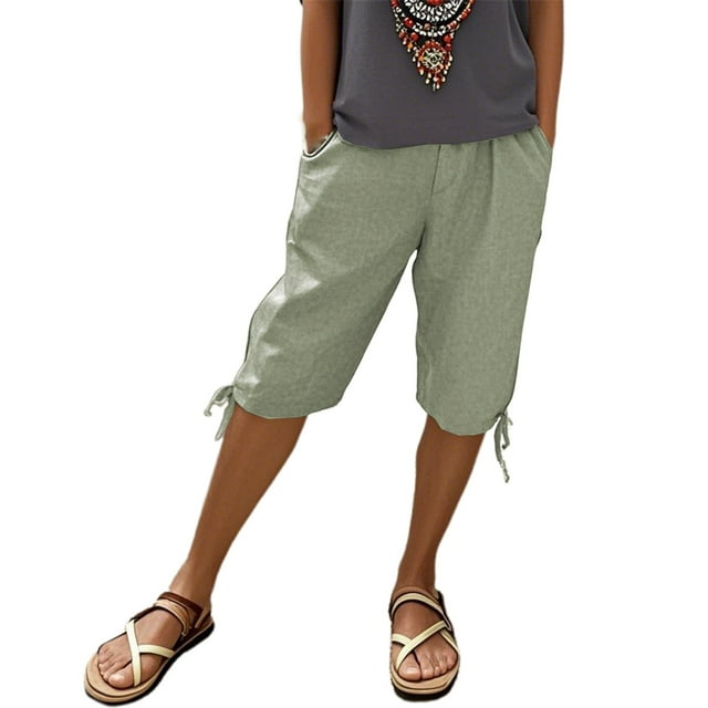 Women's Linen Pants with Pockets - Elastic Drawstring Leisure Five-Eighths Pants