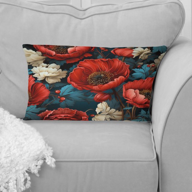 Designart "Pattern Of Blue And Red Poppy Flowers IV" Floral Throw Pillow - Traditional Pillow For Couch - Insert And Pillows Covers For Living Room Decor
