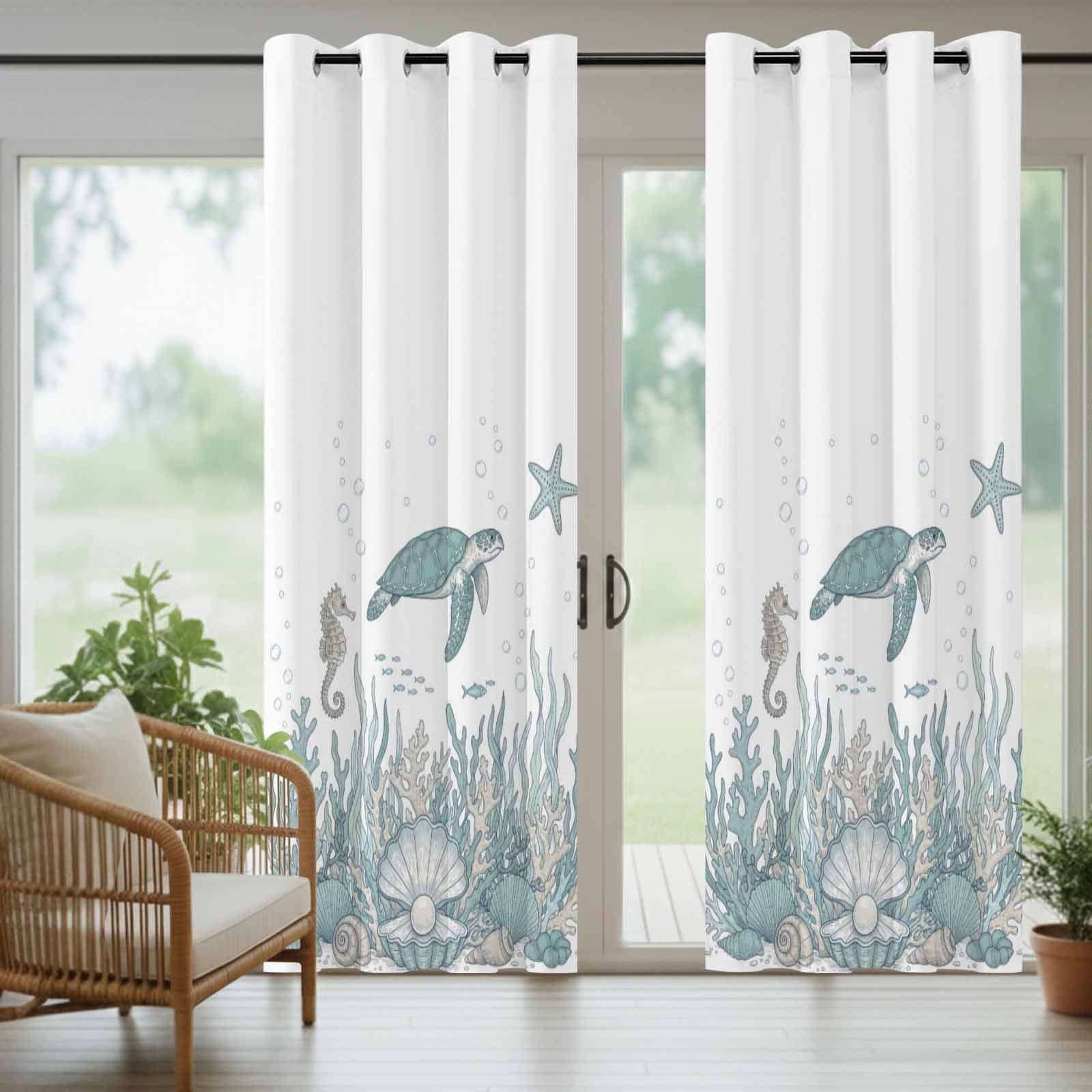 Summer Marine Life Outdoor Curtains for Patio, Nautical Starfish Ocean Seahorse Sea Turtle Coastal Sunshade Privacy Drapes Grommet Waterproof Outside Curtains for Porch Balcony 54"x108", 1 Panel