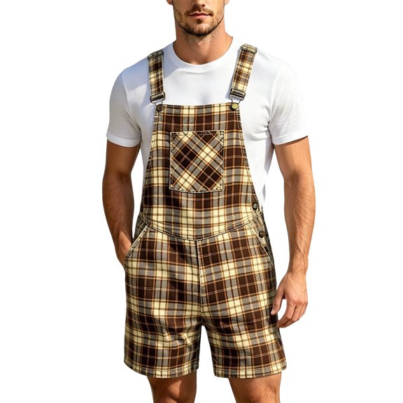 BOOMNY Oktoberfest Mens Short Bib Overalls Wide Leg Jumpsuits for Men Loose Fit Adjustable Strap Plaid Casual Shortalls With Pocket