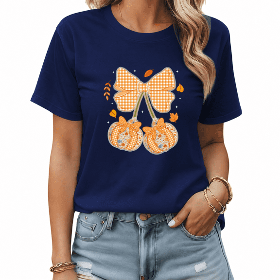 Plaid Bow Pumpkins Charming Autumn Print T-Shirt for Women Short Sleeve Crew Neck Seasonal Shirt