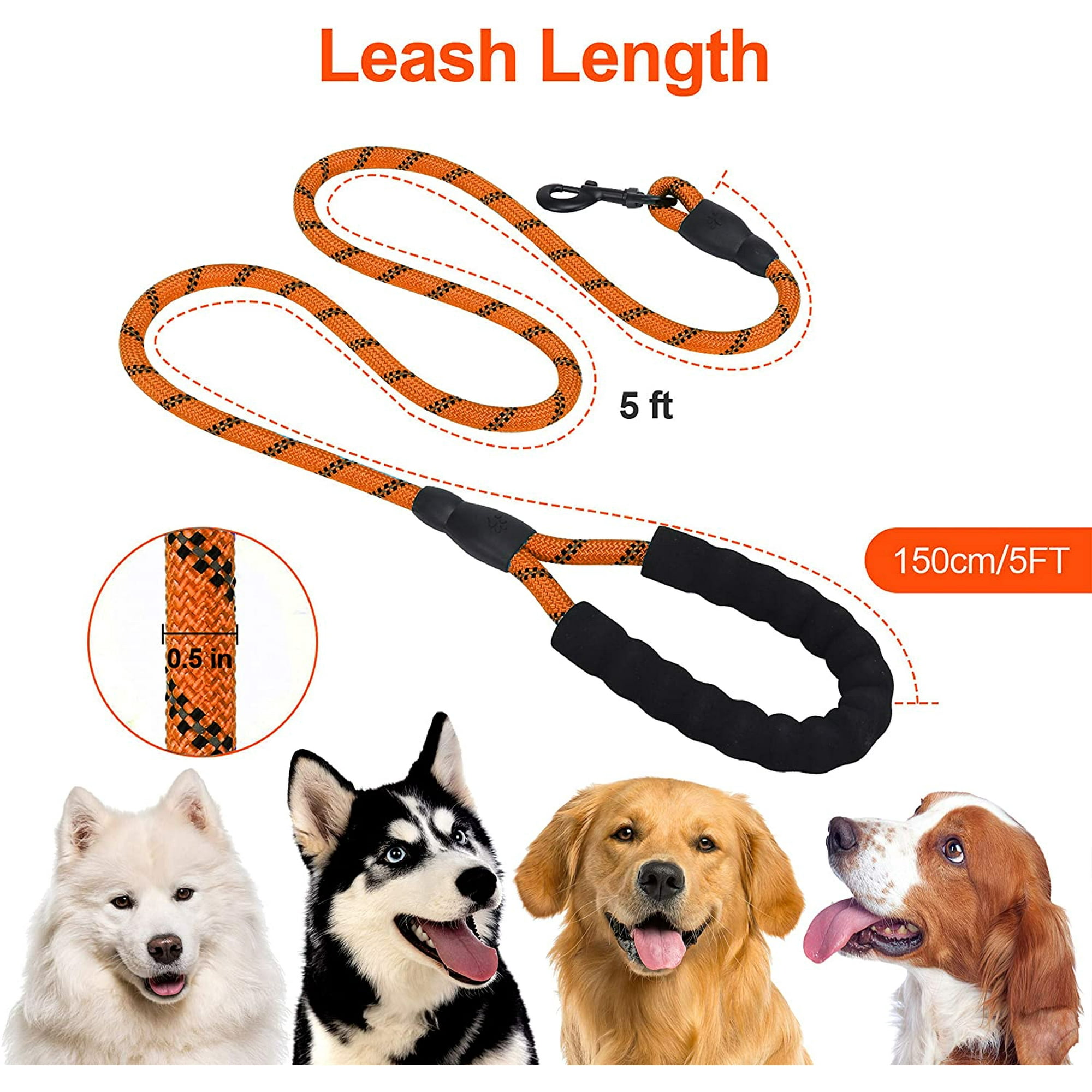 5ft 1 2in Strong Orange Dog Leash for Large Dogs Medium Size Dogs Highly Reflective Heavy Duty Dog Rope Leash with Soft Padded Anti Slip Handle for 18 120 lbs Dogs Walmart