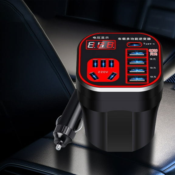 Taicans 150W Car Power Inverter,7 Port Cigarette Lighter USB Adapter LED Voltage Monitor,DC 12V to 110V Car Plug Adapter Outlet Converter for Vehicles with 2 AC Outlets,5 USB Charging Ports Red