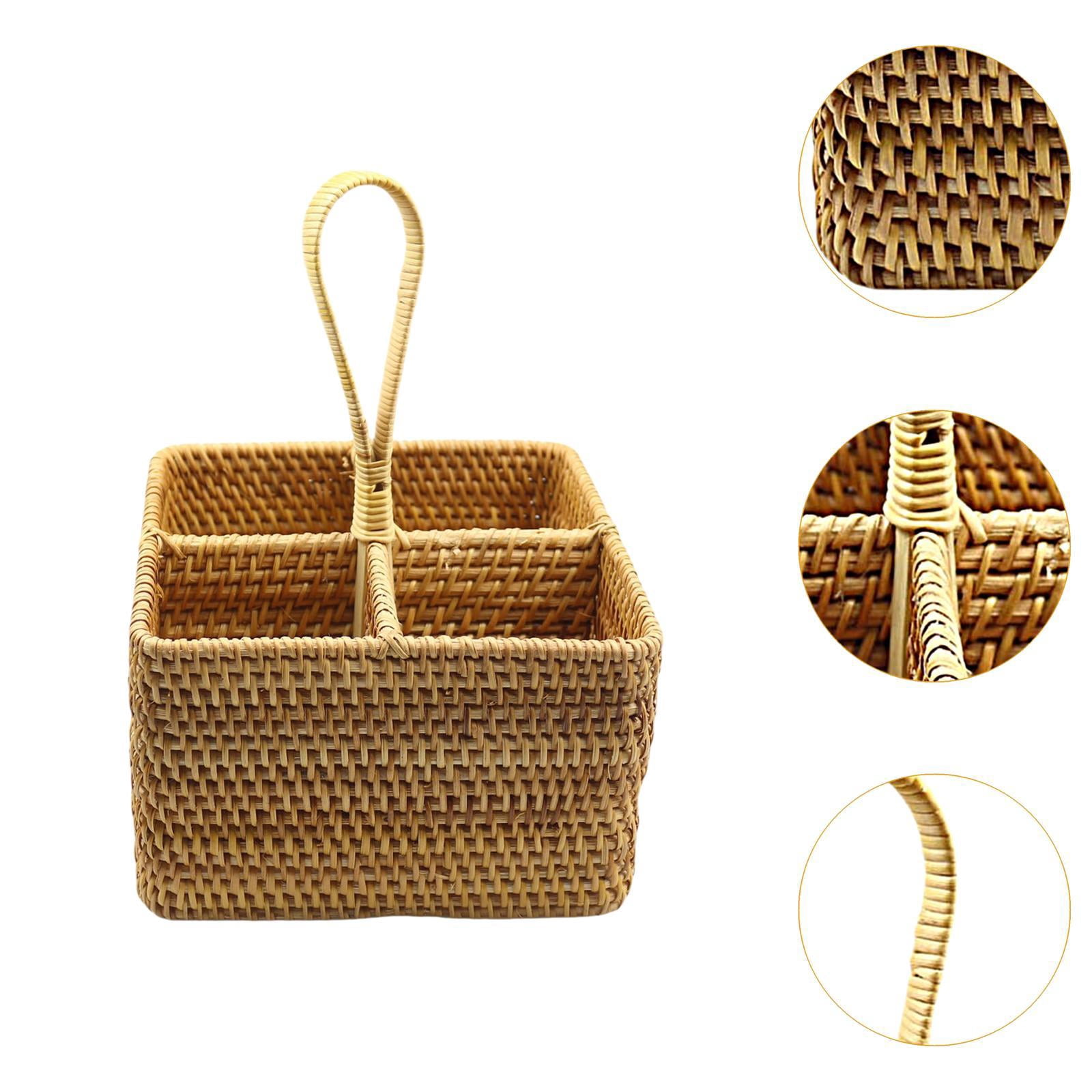 Fancyes Utensil Holder Condiment Organizer Container Basket with 4 Compartments Tableware Storage Holder Rattan Woven for Dining Room Small Square