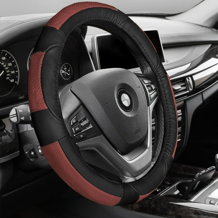 Premium Full Grain Leather - FH GROUP Premium Genuine Full Grain Leather Steering Wheel Cover, Red and Black