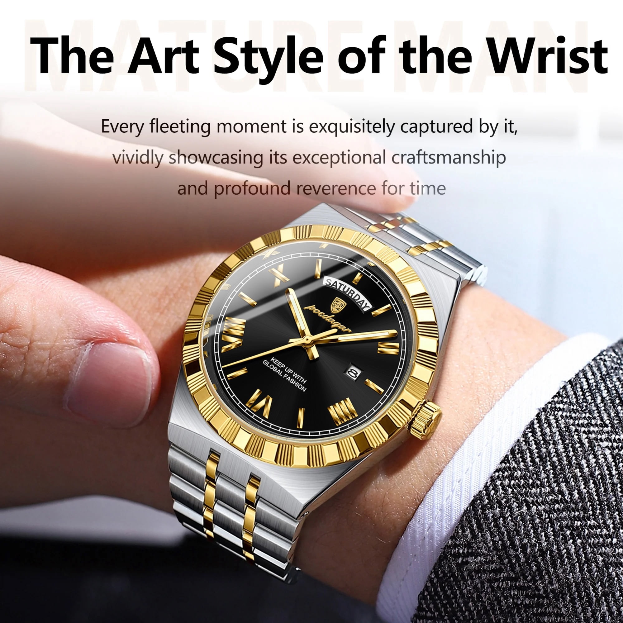 POEDAGAR Luxury Men's Waterproof Luminous Wrist Watch with Date Week Display Stainless Steel Strap