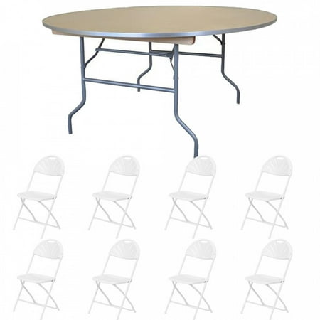 Pogo 72 Round Wood Banquet Folding Table And Chairs White Chair